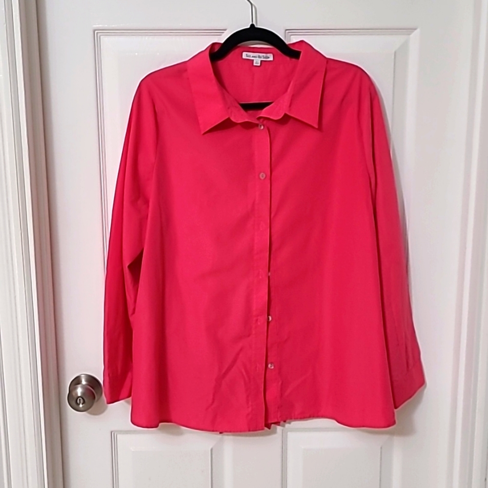 See and be seen, long slv button up shirt w/accordion pleated back, size L, Pink